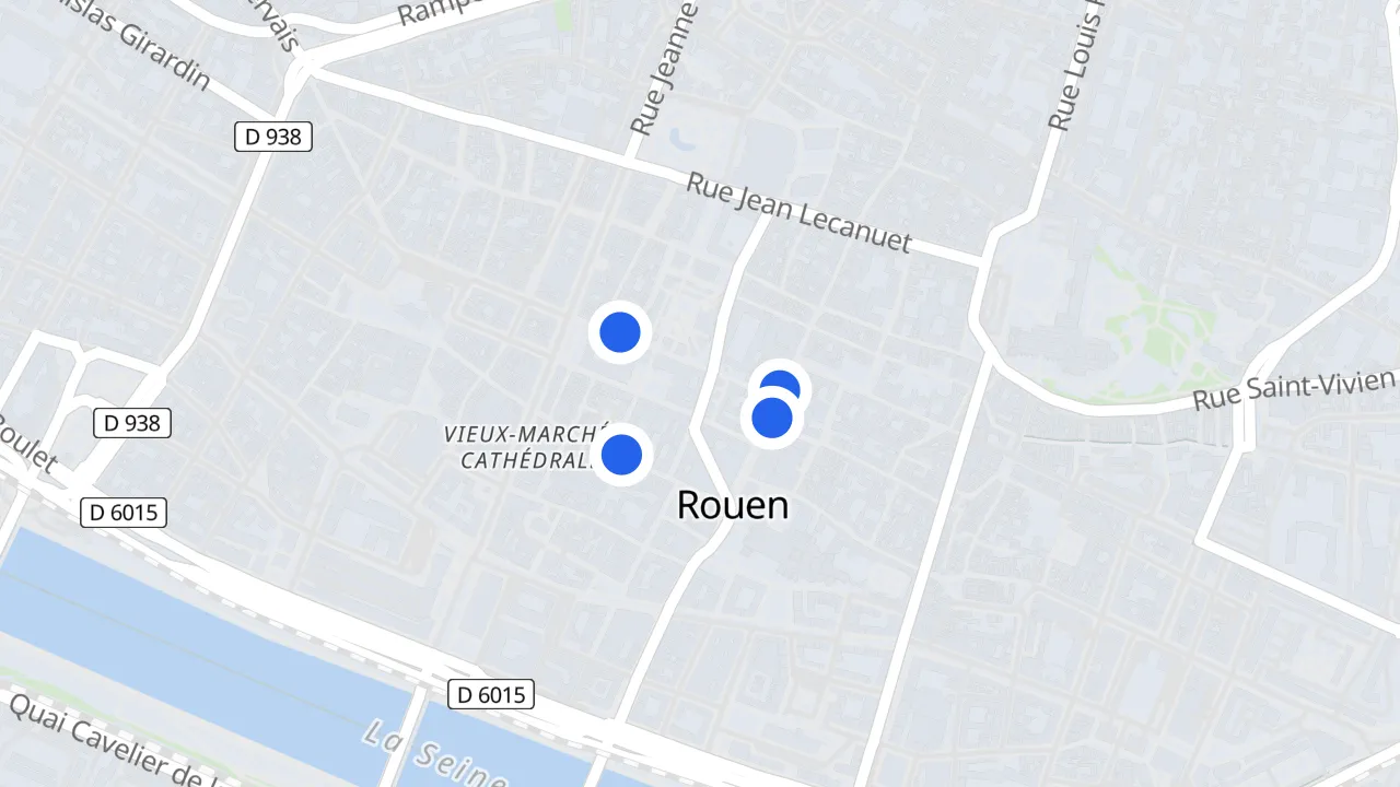 Rouen地图，标出遭洗劫的商家