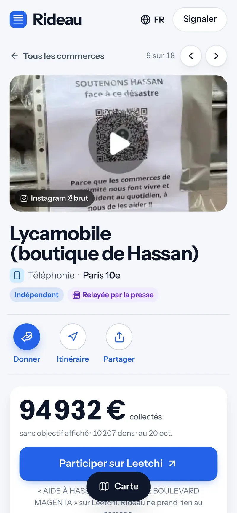 Une fiche commerce, sur téléphone